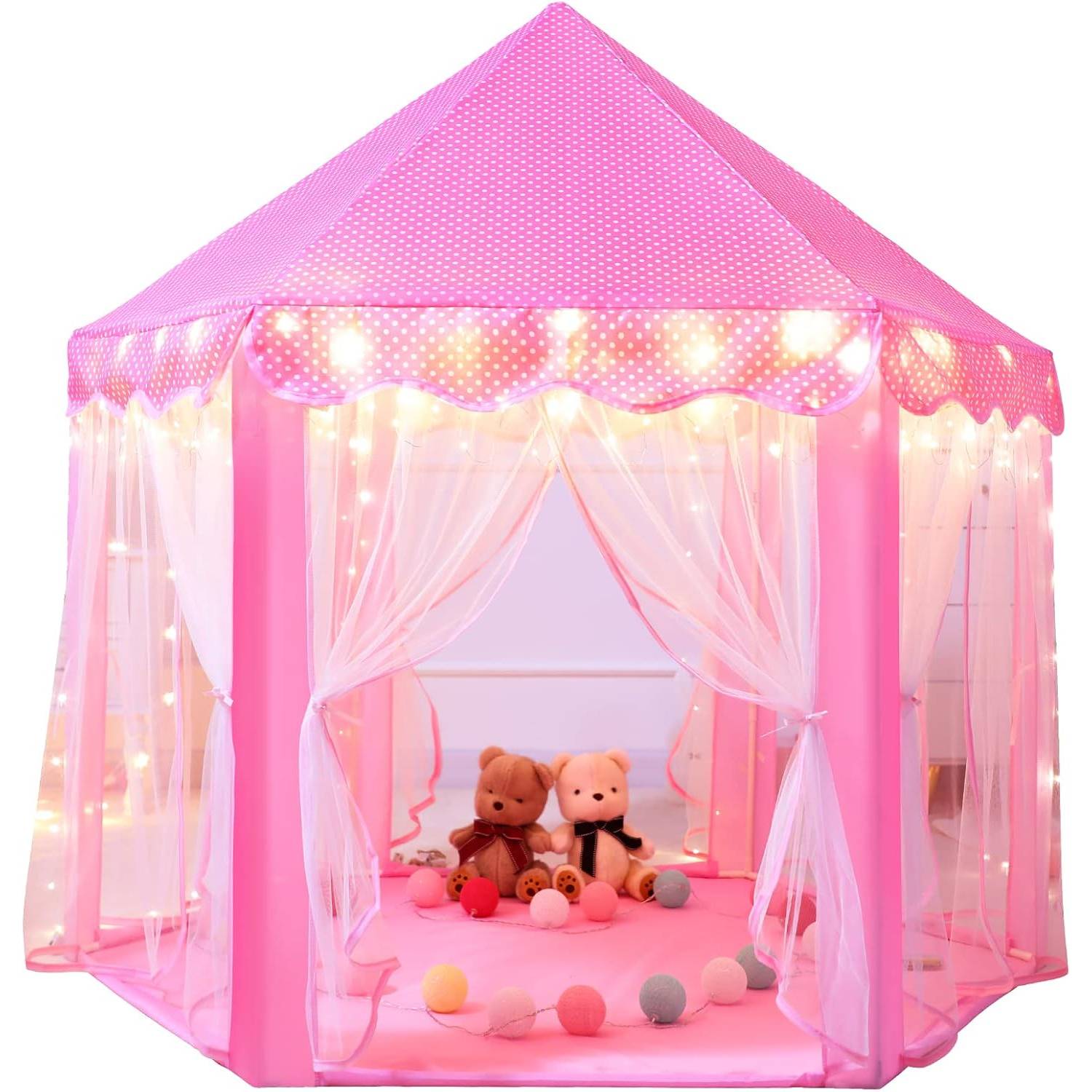 A pink princess castle play tent